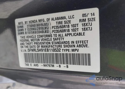 2014 Honda Odyssey Touring/Touring Elite from USA, damaged, VIN 5FNRL5H91EB110532